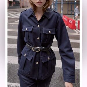 Zara NWT dark Navy military style jacket with belt patch pockets size small